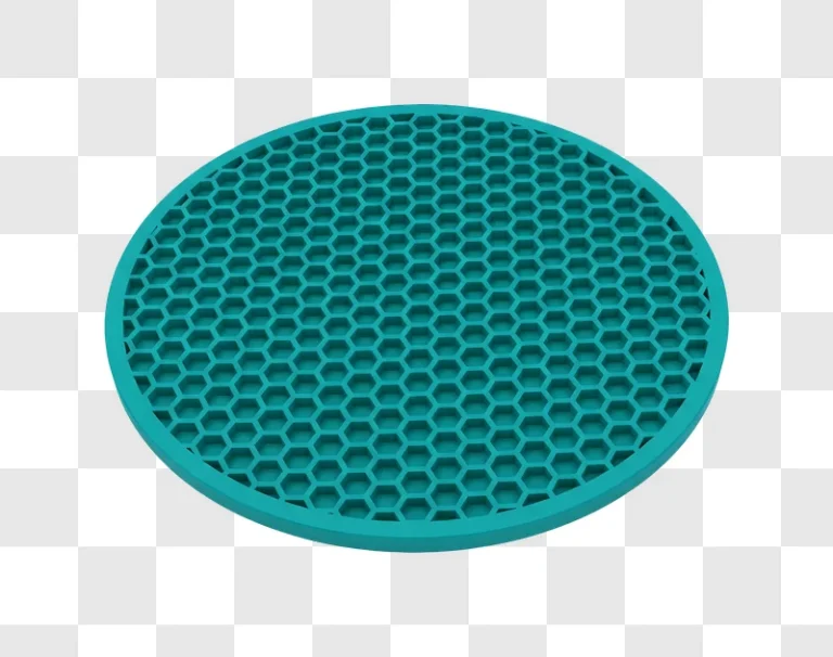 round teal silicone trivet with honeycomb pattern