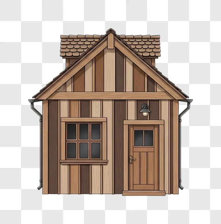 rustic wooden cabin with shingled roof and light