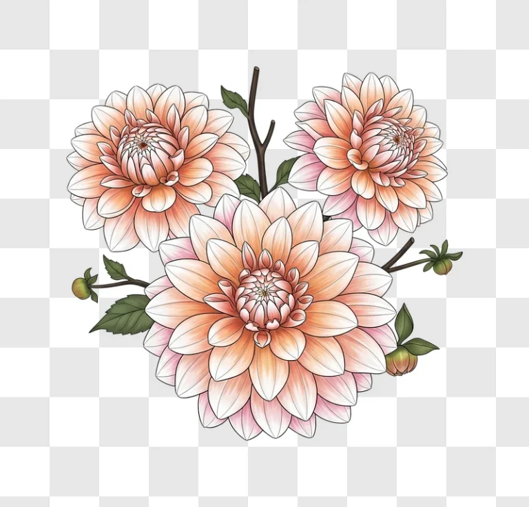 three peach dahlia flowers illustration with leaves