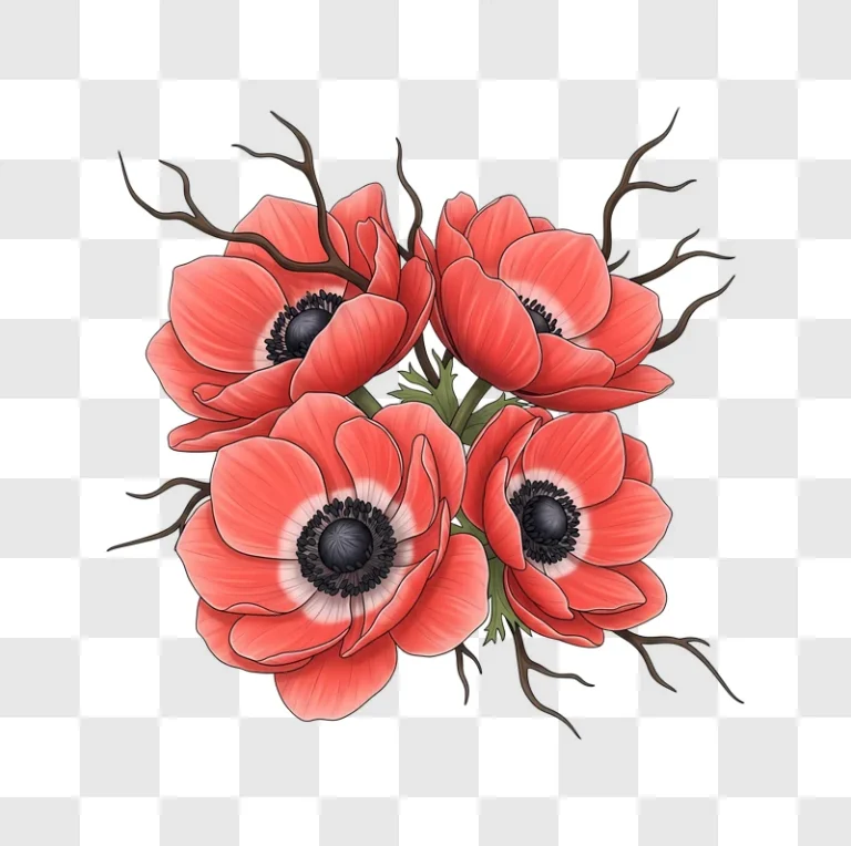 vibrant red anemone flowers with branches