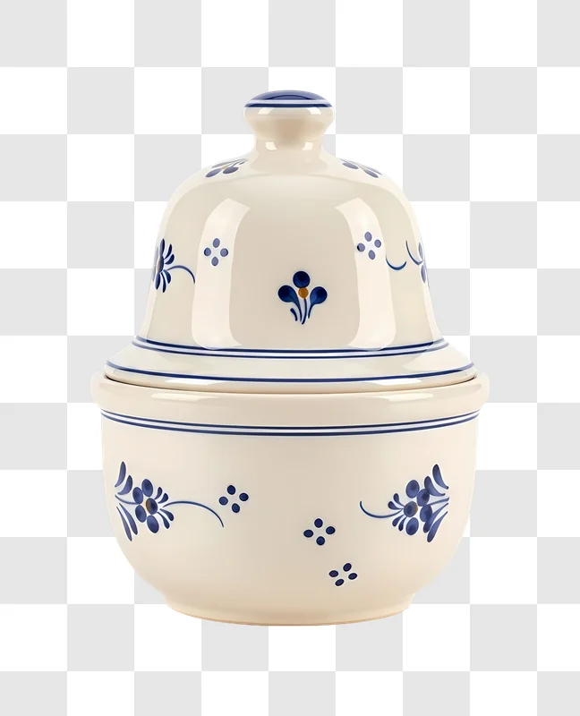 white ceramic sugar bowl with blue floral pattern