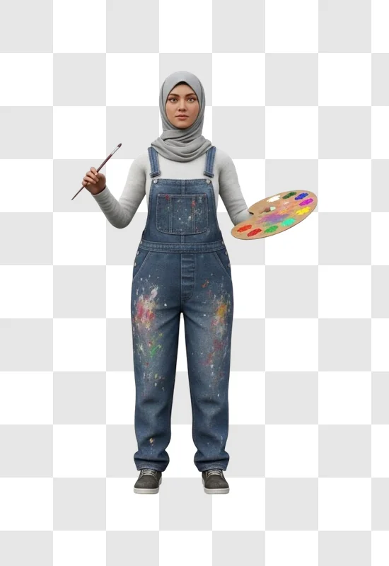 woman wearing blue overalls holding paintbrush