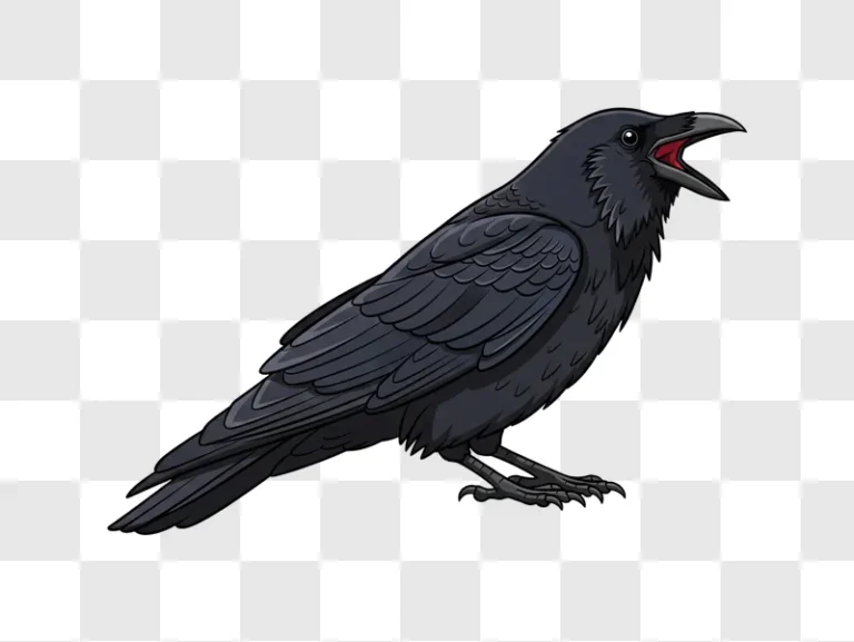 black bird with open beak walking