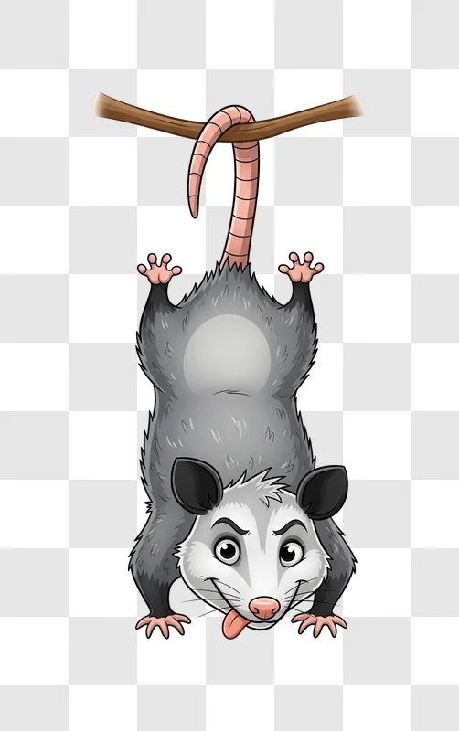 cartoon opossum hanging upside down
