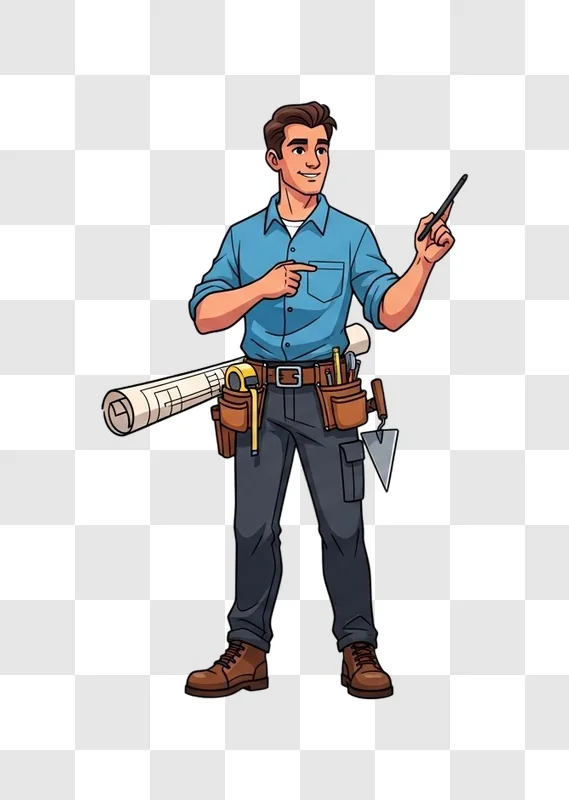 handyman with tools and blueprint standing