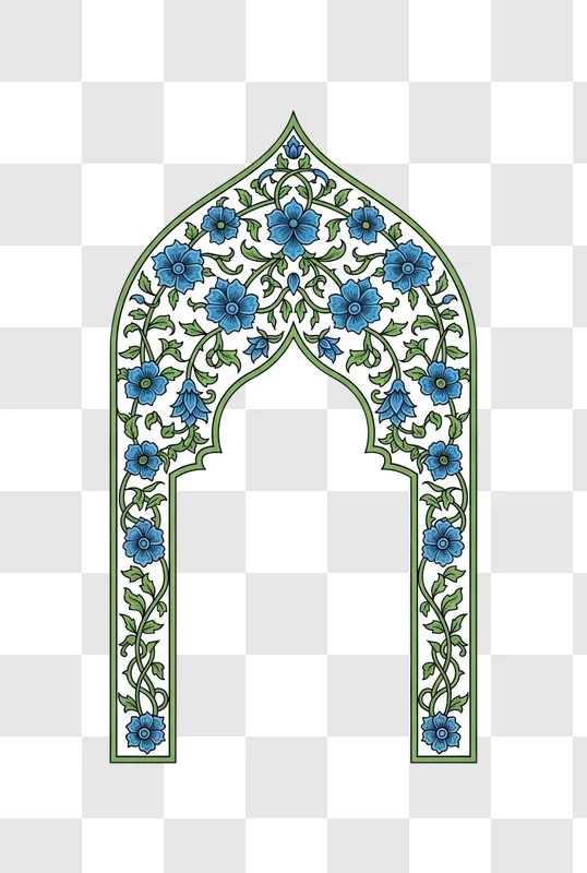 intricate islamic archway with blue flowers