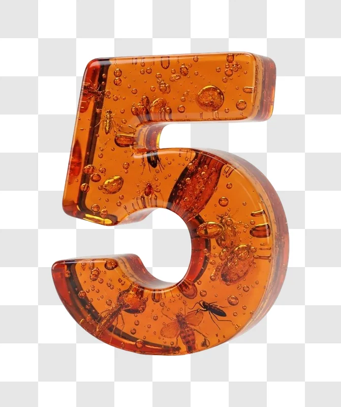 large amber number five with insects