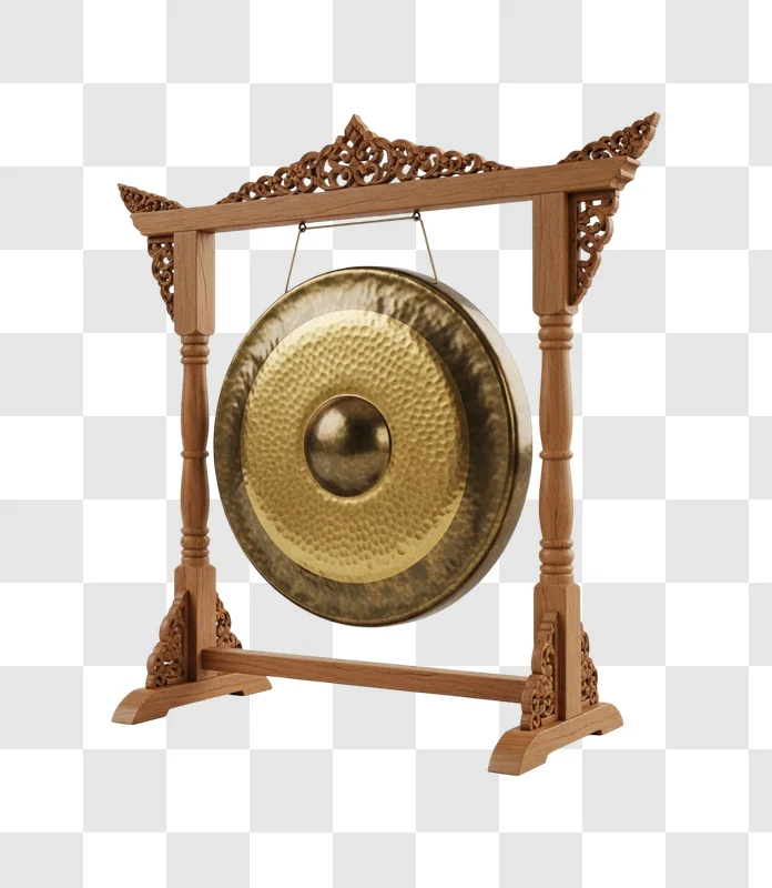 large ornate gong on wooden stand