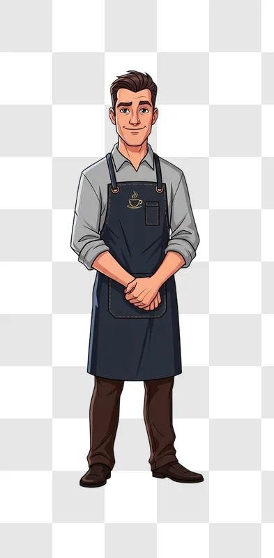 man wearing a black apron standing