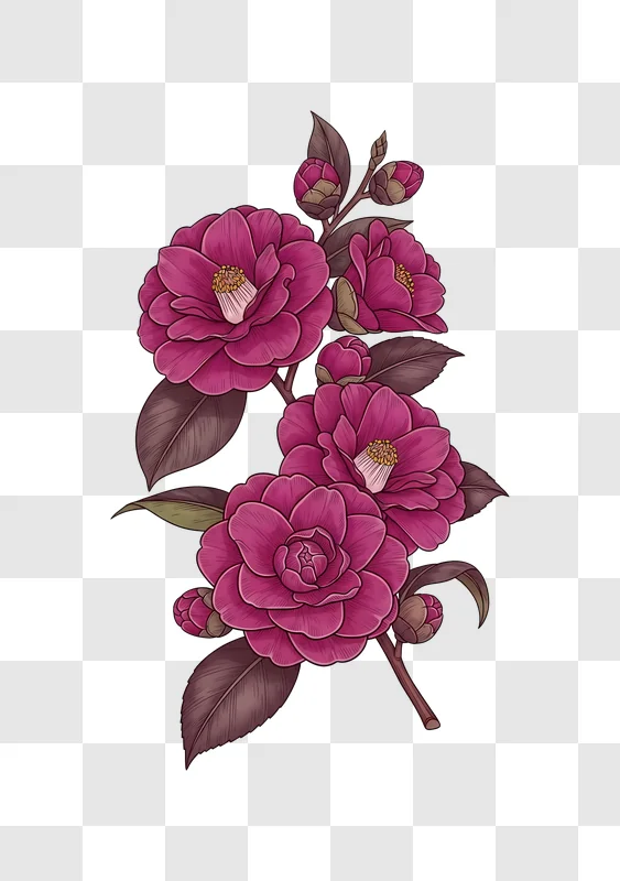 pink camellia flowers with leaves