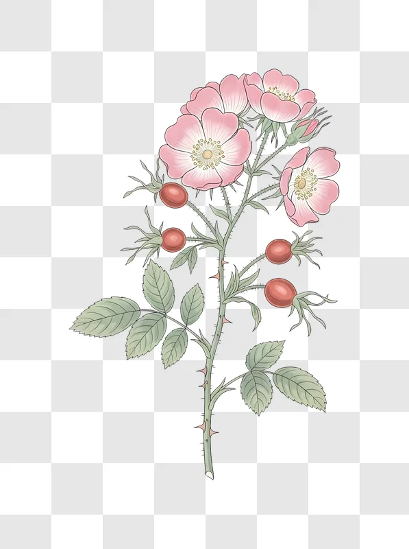 pink wild rose branch with hips
