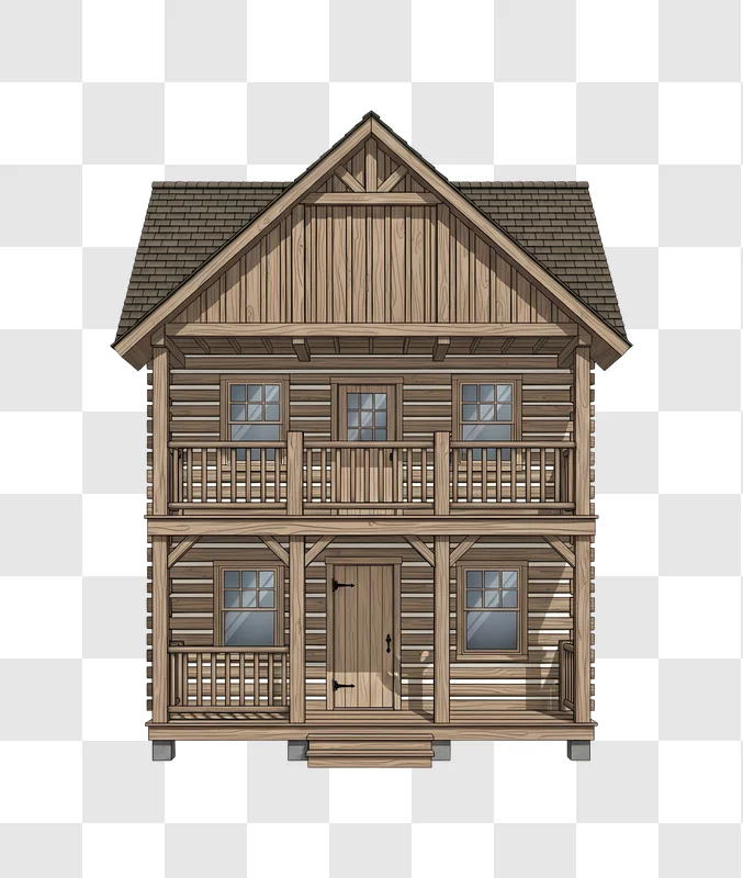 rustic log cabin with double balconies illustration