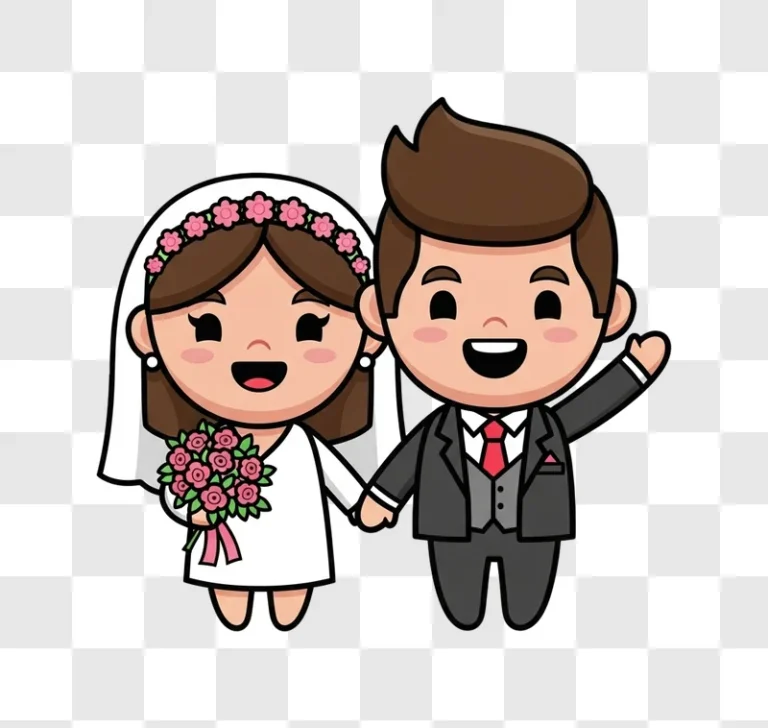 smiling cartoon wedding couple holding hands