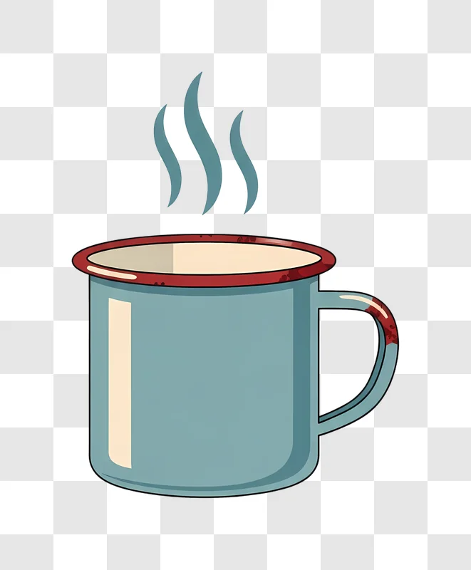 steaming blue enamel mug with red rim