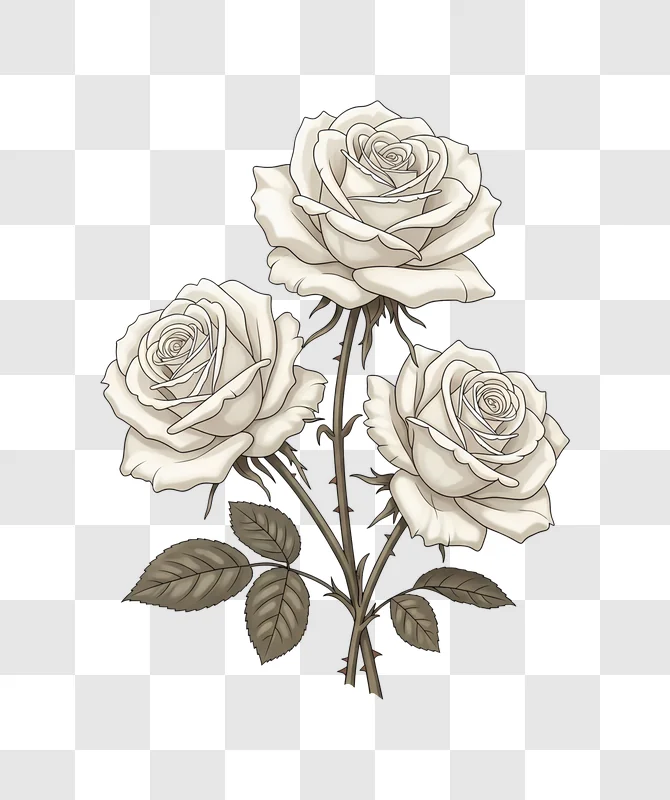three white rose blooms detailed art