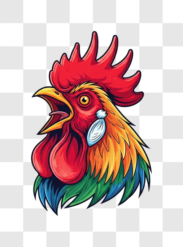 vibrant colorful rooster head crowing png transparent background personal use design resource