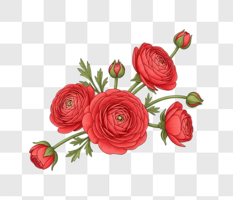 vibrant red ranunculus flowers botanical illustration