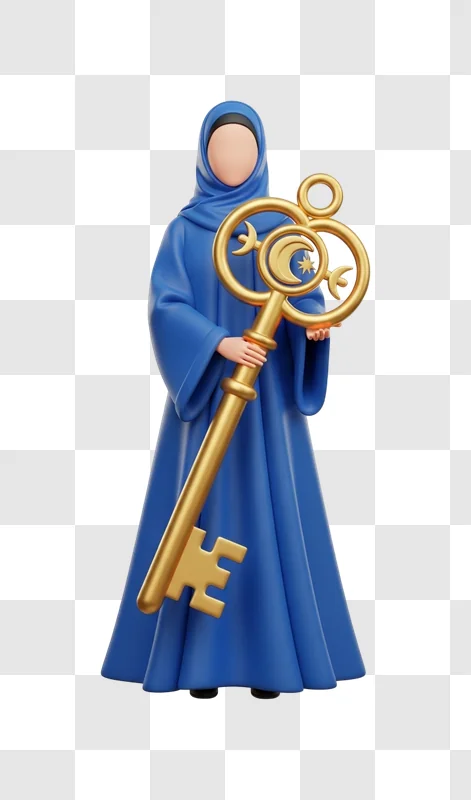 woman in blue robe holding key