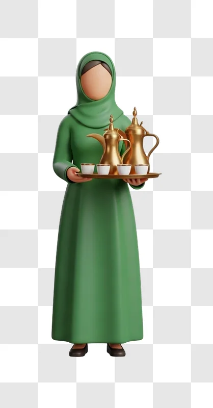 woman in green dress holding tray