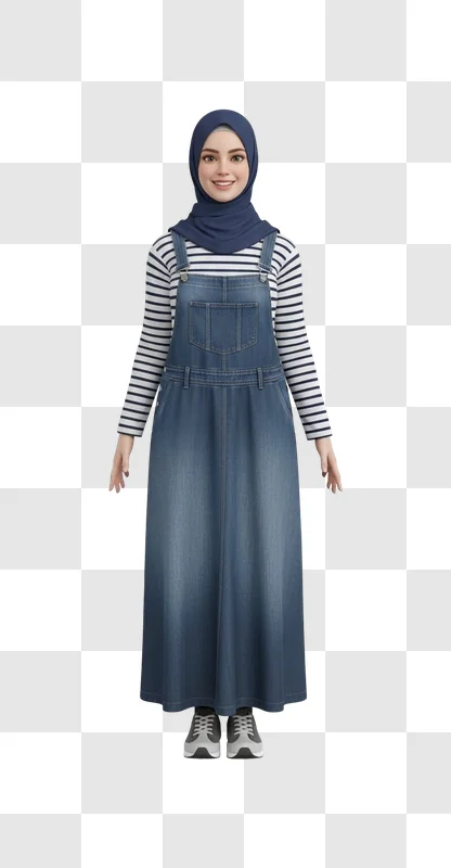 woman wearing long denim dress and hijab