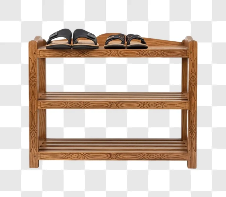 wooden shoe rack with flip flops decorative design asset png transparent background personal use design resource