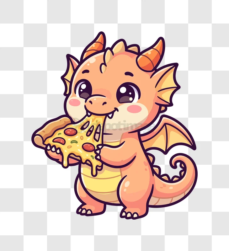 Adorable Baby Dragon Enjoying a Slice of Delicious Pizza cartoon style transparent background