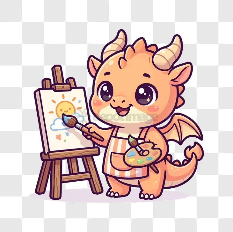 Adorable Baby Dragon Painting a Sunny Landscape on an Easel, cute cartoon style transparent background
