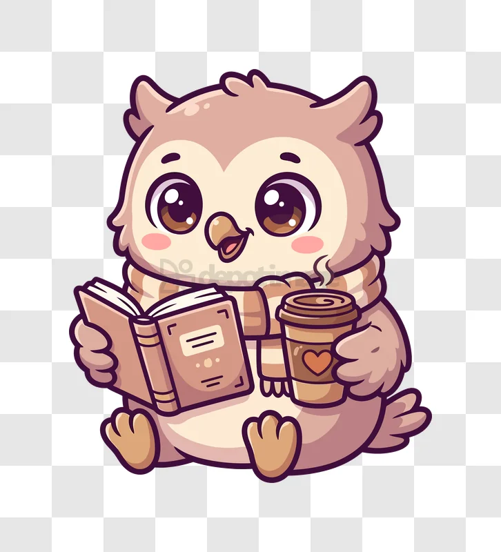 Adorable Cartoon Owl Reading Book and Drinking Coffee, cute brown cartoon transparent