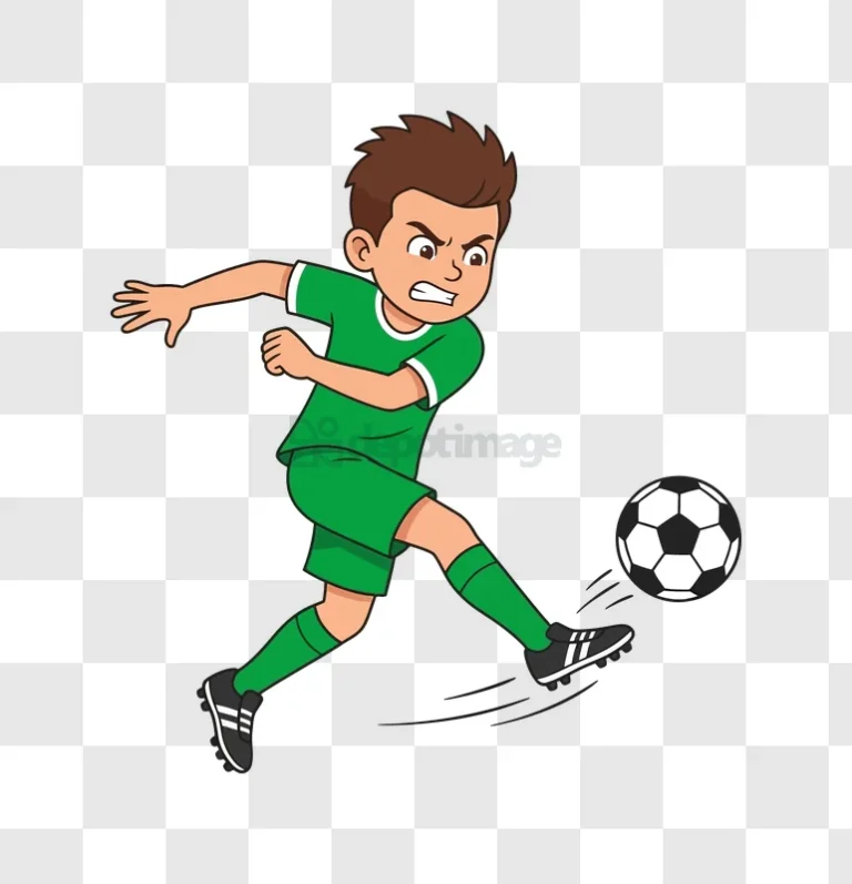 Animated Boy Kicking Soccer Ball cartoon green jersey transparent background