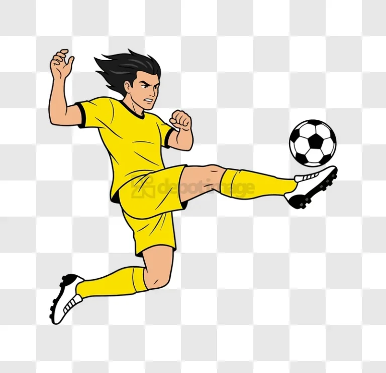 Animated Soccer Player Kicking Ball Midair cartoon style yellow uniform black background