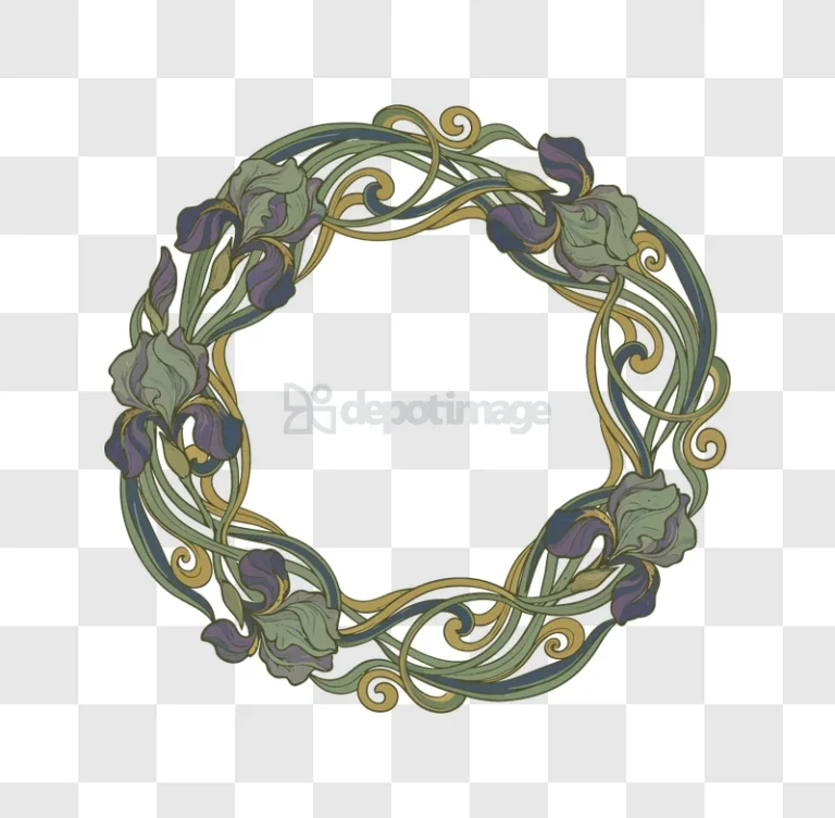 Art Nouveau Irises Floral Frame Border, elegant purple green organic lines