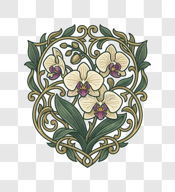 Art Nouveau Orchid Floral Arrangement vector illustration, cream purple flowers, green leaves, dark background