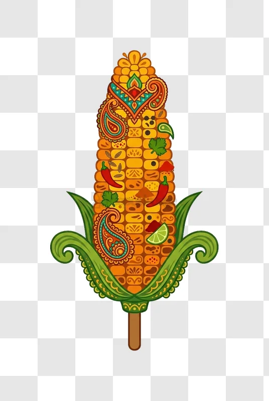 Artistic Corn Cob With Spices colorful intricate illustration transparent background