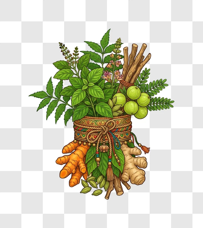 Ayurveda Herbs and Spices Arrangement intricate illustration, colorful, transparent background
