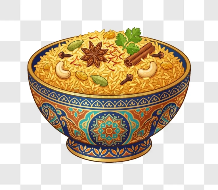Biryani Rice in Serving Bowl vibrant cartoon style, detailed spices, ornate bowl
