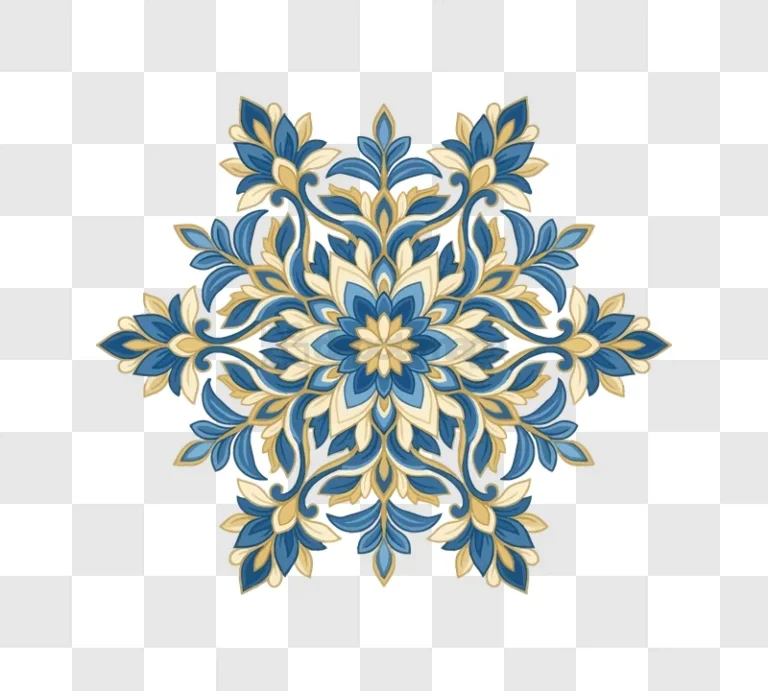 Blue and Gold Floral Mandala Art intricate pattern transparent background