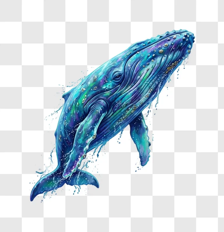Blue Whale Breaching in Ocean Water vibrant watercolor style splashing