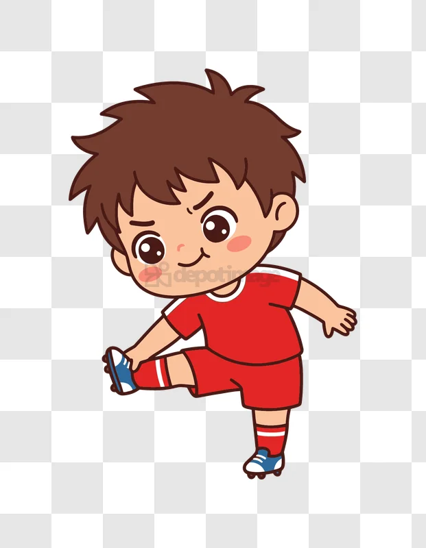 Boy Soccer Player Stretching Leg cartoon style red uniform