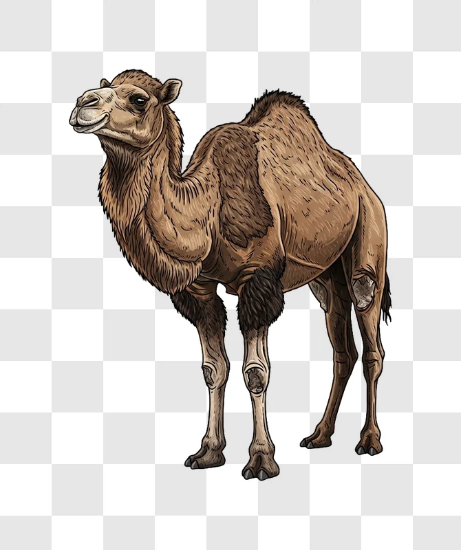 Brown Camel Standing Against detailed cartoon illustration transparent background
