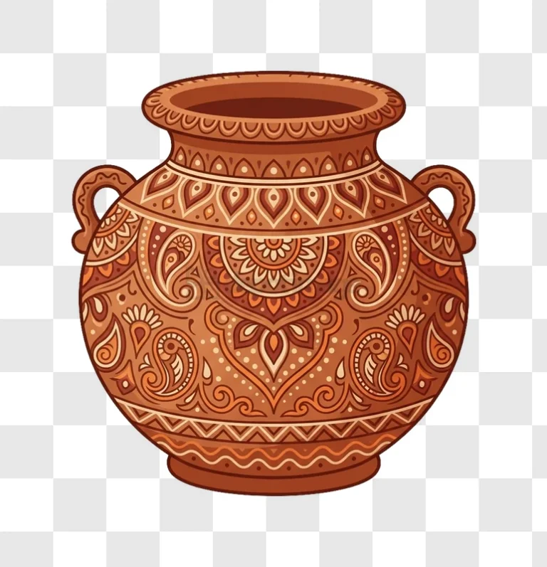 Brown Ornate Pottery With Handles intricate patterns transparent background