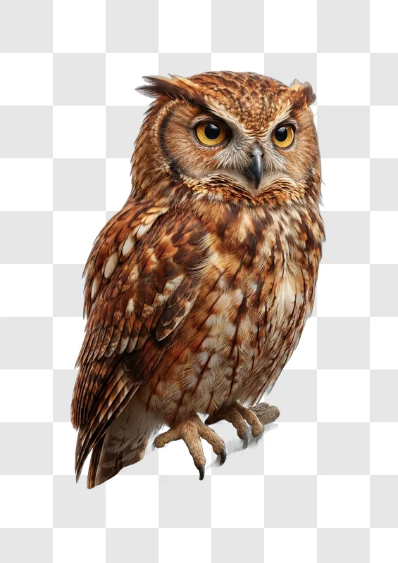 Brown Owl Perched realistic detailed brown feathers yellow eyes
