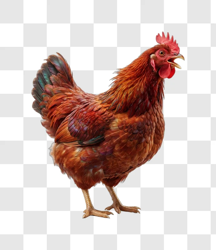 Brown Rooster Standing With Open Beak detailed feathers transparent background