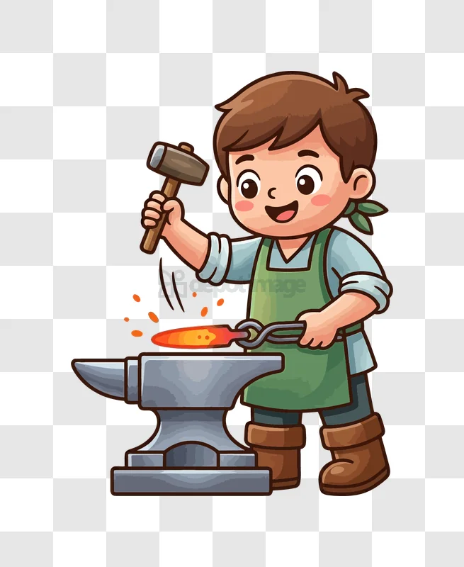 Cartoon Blacksmith Forging Metal on Anvil, colorful cartoon style, transparent background