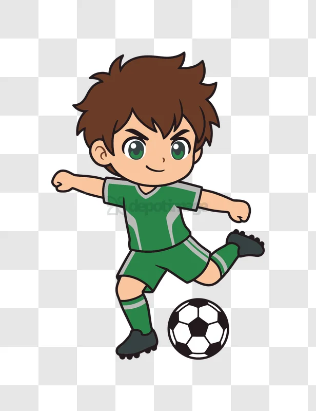 Cartoon Boy Kicking Soccer Ball green uniform transparent background