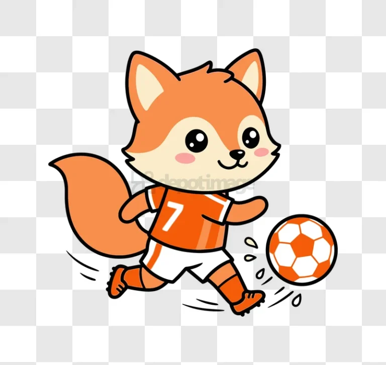 Cartoon Fox Kicking Soccer Ball, orange and white, cute style