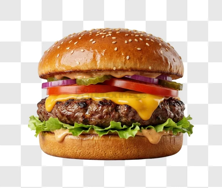 Cheeseburger With Succulent Patty Glistening in Su, juicy beef, melted cheese, fresh toppings