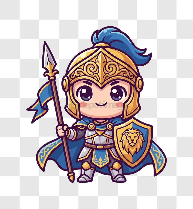Chibi Knight Holding Spear and Shield cartoon style blue gold