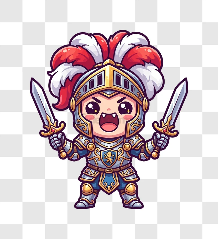 Chibi Knight Holding Two Swords cute cartoon style, red plumes, transparent background