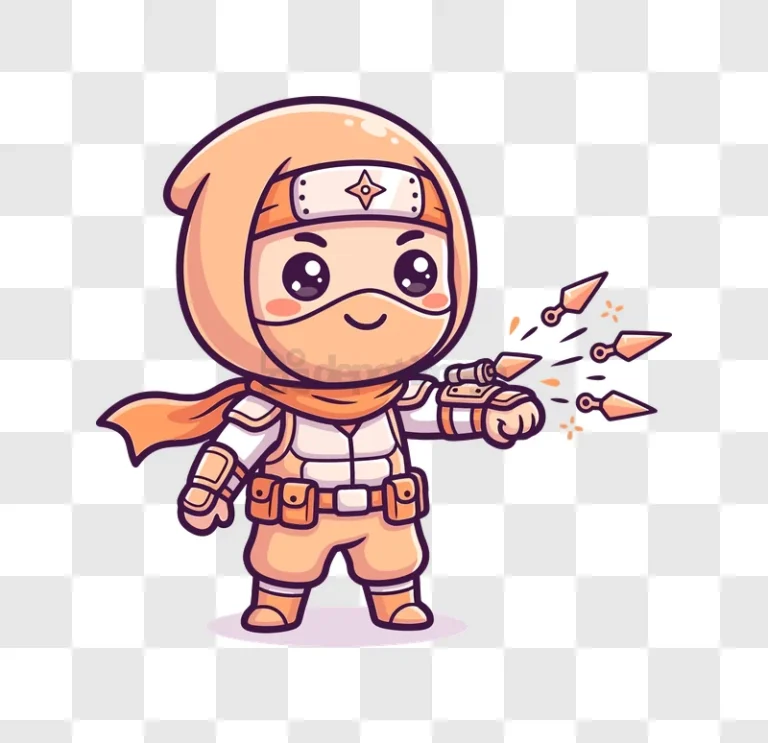 Chibi Ninja Throwing Shurikens Cartoon cute orange character transparent background