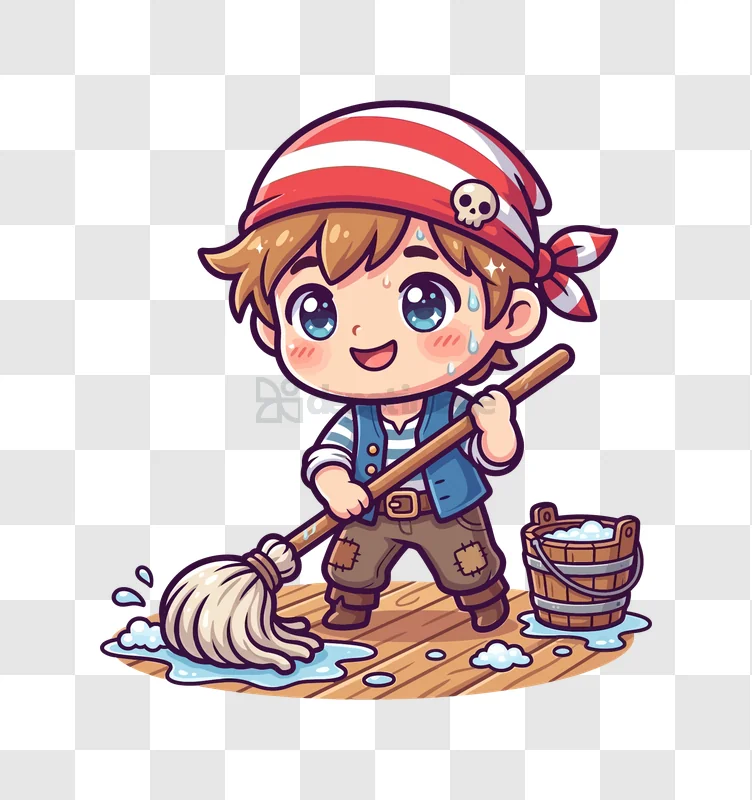 Chibi Pirate Mopping Wooden Deck cartoon style transparent background